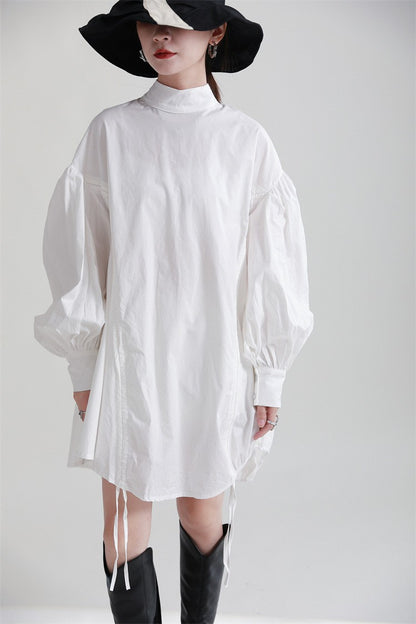 2025 Women Irregular Drawstring Big Size White Blouse New Stand Collar Long Sleeve Shirt Fashion Tide Spring Autumn