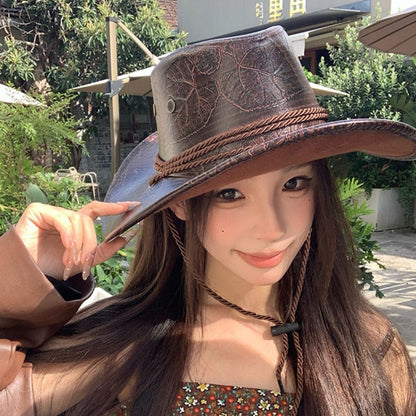 Cool Ethnic Style Western Cowboy Hat Roll Brim Wide Brim Cowgirl Jazz Hat Solid Color Polyester Visor Cap Cycling