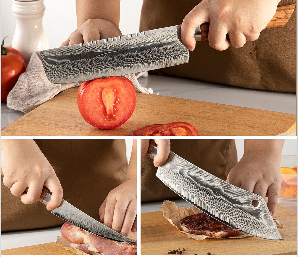 Conjunto de facas de cozinha para chef Damasco 67-LAY, faca japonesa Santoku Nakiri, faca utilitária, faca para desossar, faca de cozinha com cabo de madeira de oliveira HD
