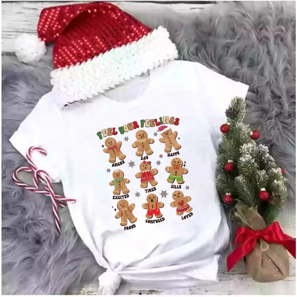 Gingerbread Man Christmas Cartoon Letter Print T-shirt cute sweet Casual Short Sleeve Crew Neck Summer Top Women's Clothing