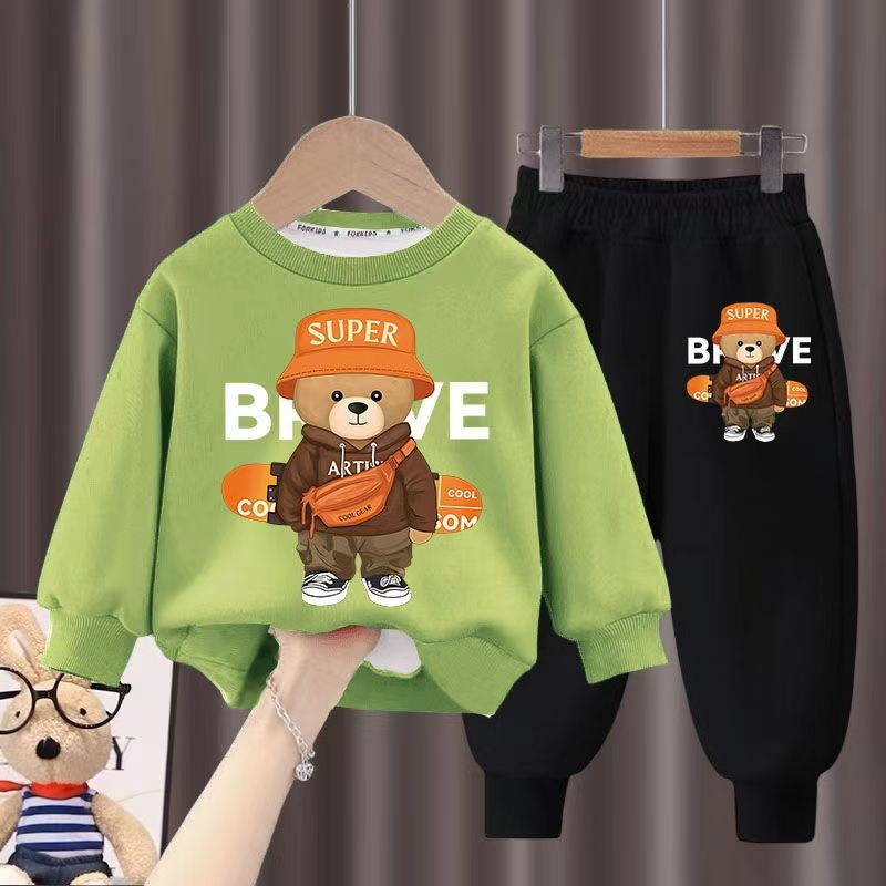 Roupas infantis meninos e meninas outono manga comprida top e calças 2 peças conjuntos menino e menina estampado urso agasalho esporte roupa