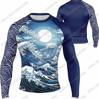 2025 The Great Wave Rash Guard Jiu Jitsu BJJ MMA T-shirt Compression Shirt Long Sleeve Surfing Jersey Beach Diving Tops Swimwear