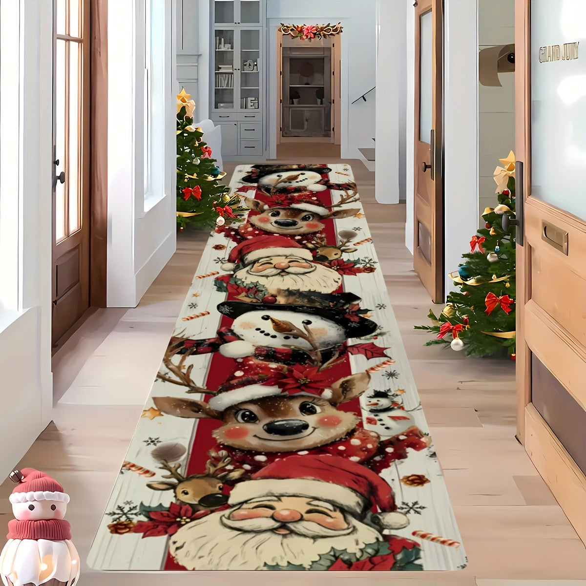 VIKAMA Christmas Reindeer and Snowman Pattern Non-Slip Living Room, Hallway, and Kitchen Runner Decorative Rug Home Decor