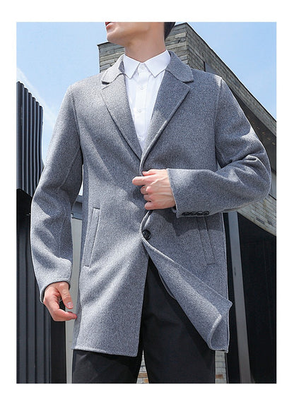 100% Wool Hand-Sewn Men's Coat Long Overcoats Boy Buttons Cardigan Long-style Woolen Coats Overcoat 2024 New