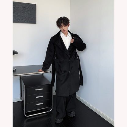 Men's Double-Breasted Wool Blend Overcoat with Belt Loose Fit Solid Color Stand Collar Mid-Length Trench Coat for Autumn Winter