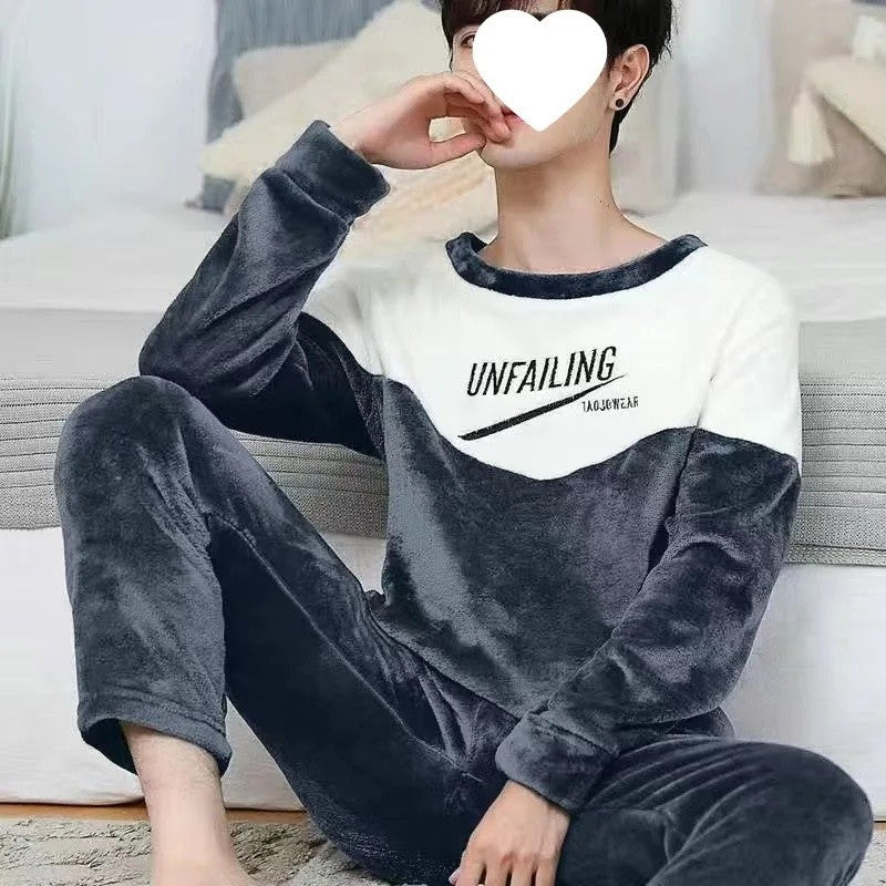 Thickened Flannel Sleepwear Set for Men Winter Home Clothes Coral Fleece Lined Autumn Winter Style Overhead Mens Nightgown