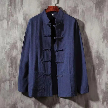 XXXXXL Plus Size Men Cotton Linen Shier Autumn Spring Men Collarless Long Sleeve Frog Button Loose Blouse Tops Oversized M-5XL
