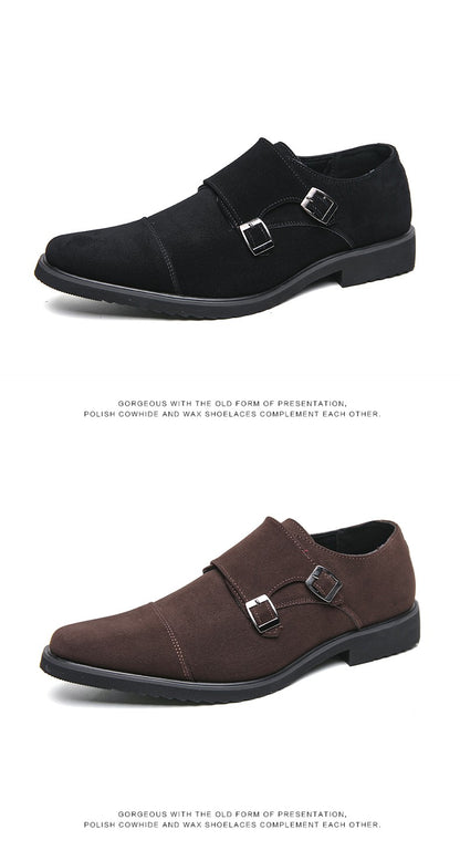 New Brown Loafers Flock Double Buckle Monk Shoes Black Square Toe Slip-On Business Men Dress Shoes Size 38-46 Free Shipping