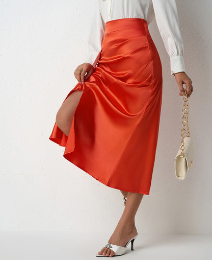 Nighpha Women's Elegant Satin Skirts High Waisted Flared Casual Work Office Fishtail Midi Skirt