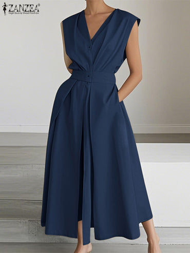 ZANZEA Women Fashion Summer Shirt Dress 2025 Elegant High Waist Short Sleeve Mid