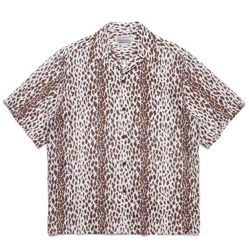 Pdmcms 23ss Gradient Leopard Print High Street Style Casual Handmade Silk Hawaiian Short Sleeved Shirt For Men