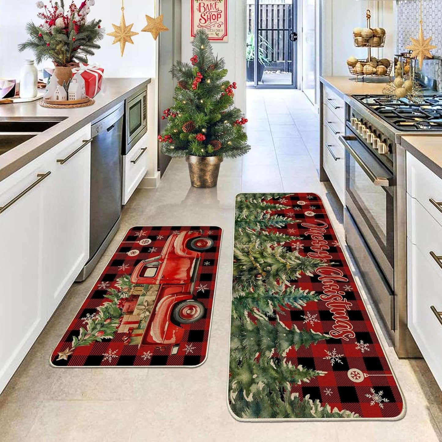 VIKAMA 1/2pcs Christmas Kitchen Rugs Truck Christmas Tree Bedroom Hallway Rugs Entry Welcome Doormat Home Decoration