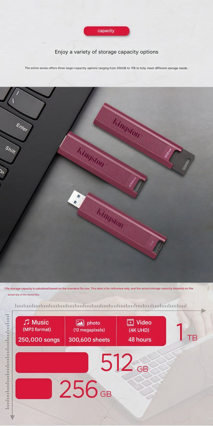 Pen drive Kingston SSD USB 3.2, transferência de alta velocidade, grande capacidade. [USB 3.2] Velocidade de leitura 1000 MB/s, velocidade de gravação 900 MB/s.