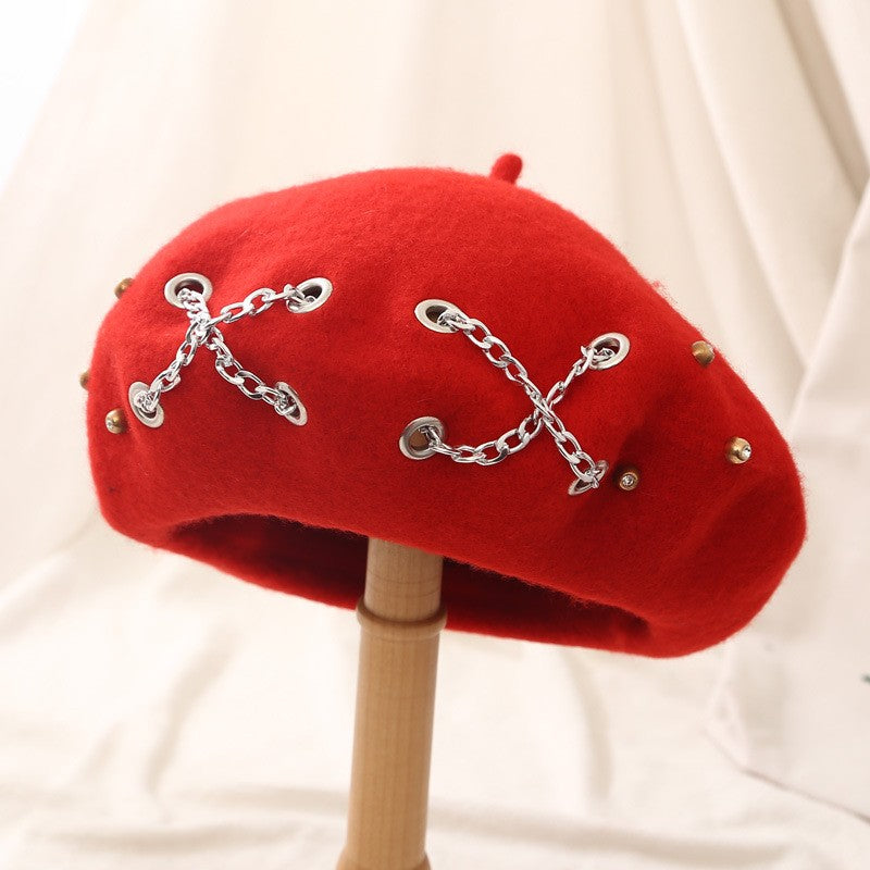 Fashion Winter Berets For Women girl Punk Rock Style Iron Rings Beret Caps Retro Wool Hats Black Woolen Painter Caps