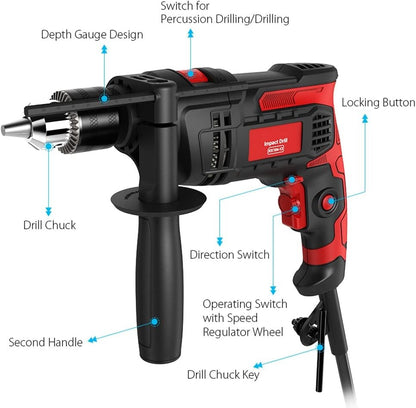Furadeira de Impacto de 850W com Mandril de 1/2 polegada, Velocidade Variável 0-3000RPM para Concreto, Aço, Perfuração de Madeira