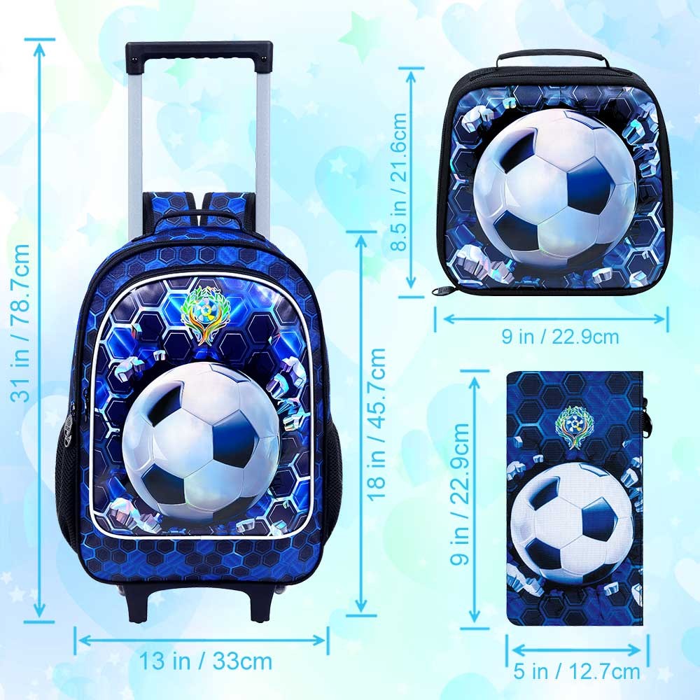 Mochila de Rodinhas 3 Peças para Meninos, Mochila Escolar com Rodinhas de Futebol com Lancheira, Mochilas de Rodinhas de Futebol para Adolescentes Meninos Ensino Fundamental