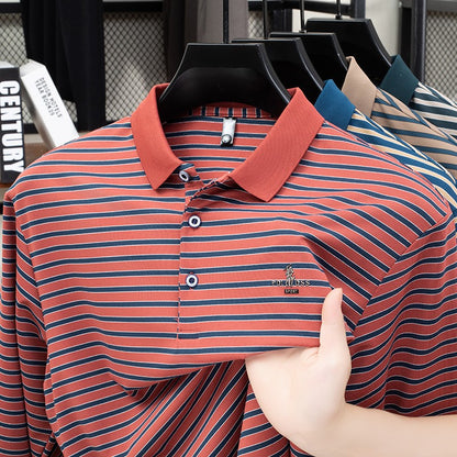 2025 New Lapel Striped T-shirt Men's Long Sleeved Spring and Autumn New Top Casual Polo Shirt Men