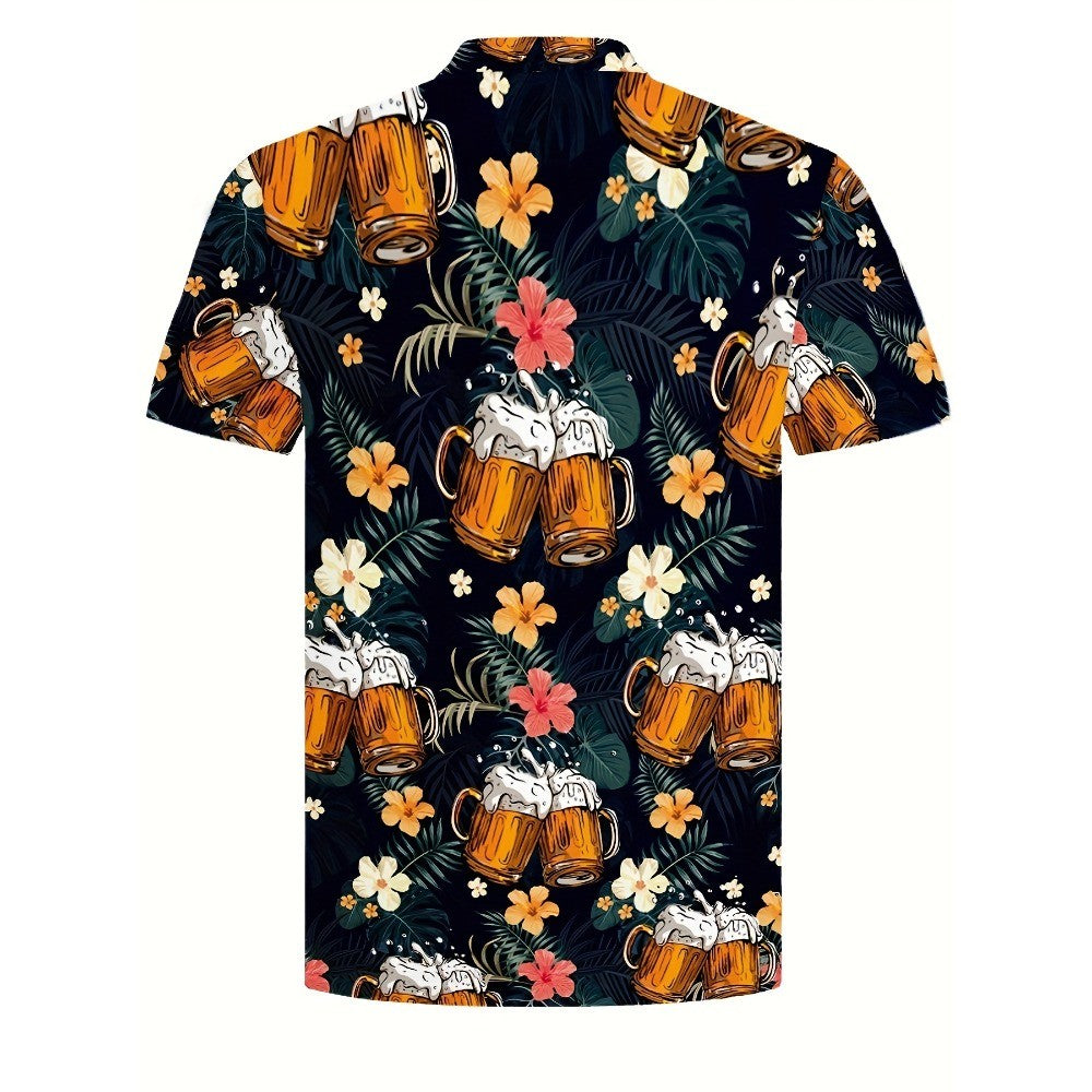 Men's Beer & Leaves 3D Print Shirt Short Sleeve Button-Up Lapel Collar Top Summer Holiday Beachwear