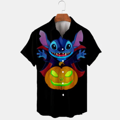 2024 New Halloween Collection Disney Branded Stitch And Mickey Anime 3D Printed Men's Lapel Short Sleeve Slim Fit Hawaiian Shirt