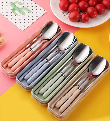 3pcs/set Tableware Set Stainless Steel Chopsticks Fork Spoon Set Travel Flatware With Box Lunch Tableware Kitchen Accessories