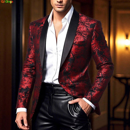 Men's Purple Print Suit Jacket Burgundy Long Sleeve Black Collar Single Button Coat for Wedding Party Stage Performance