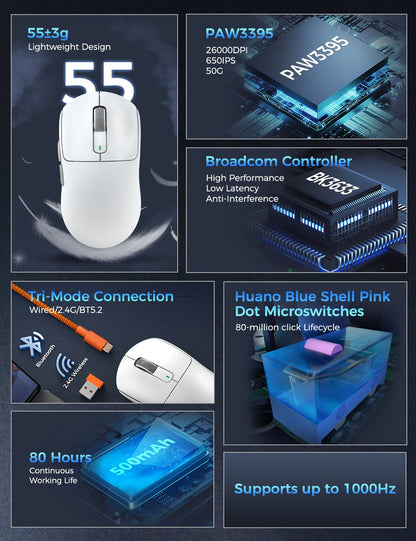 Kysona Aztec PAW3395 Wireless Gaming Mouse 55g Ultra-Light 26000DPI 6 Buttons 90 Million Optical Computer Mice For Laptop PC