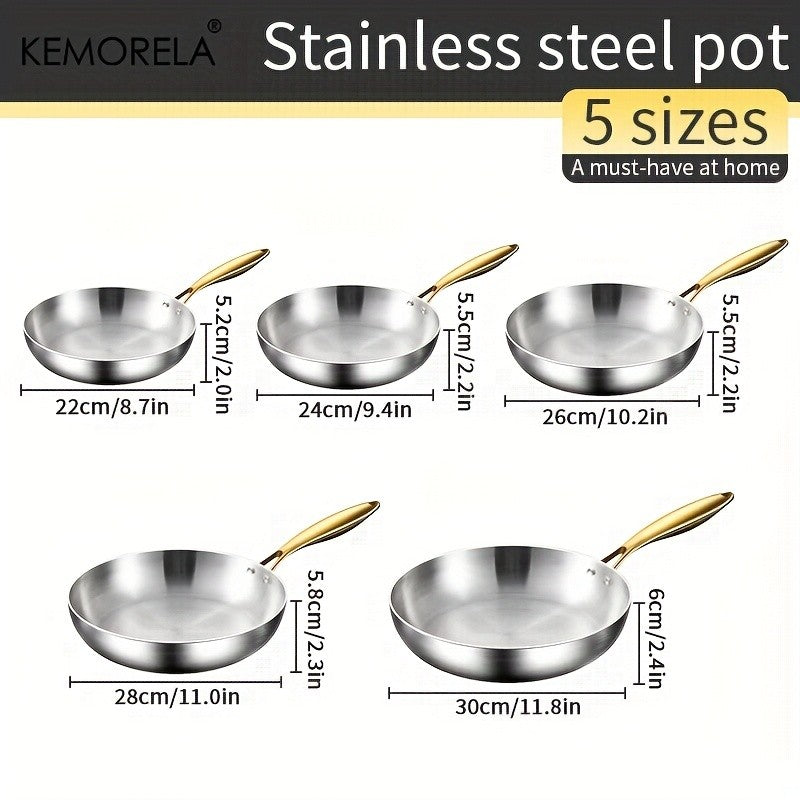 KEMORELA 3PCS 316 Stainless Steel Gold Handle Non-Stick Frying Pan Set 2MM Thick 5-Ply Wok Pan Food Grade Safety Multiple Sizes