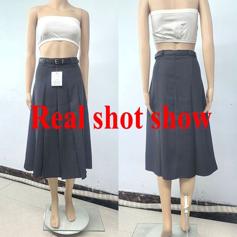 Lucyever All-Match Pleated Skirts Women Autumn Winter High Waist A-Line Folds Skirts Female Korean Fashion with Belt Midi Skirts