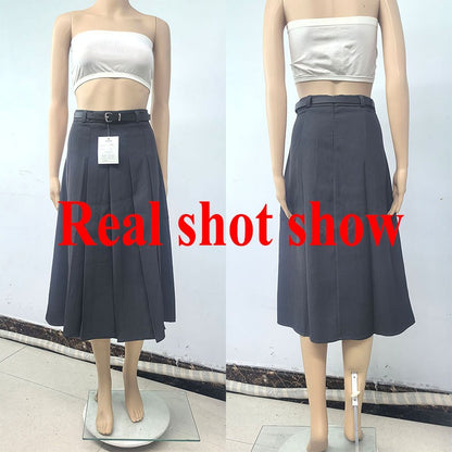 Lucyever All-Match Pleated Skirts Women Autumn Winter High Waist A-Line Folds Skirts Female Korean Fashion with Belt Midi Skirts