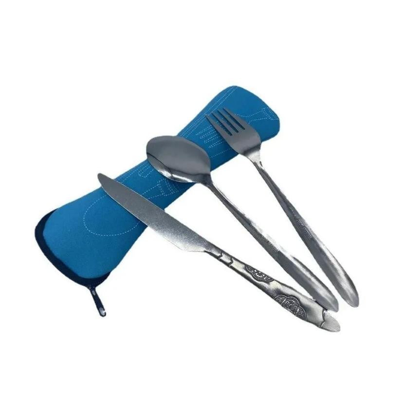 7/3 Peças Conjunto de Talheres de Aço Inoxidável para Acampamento ao Ar Livre Faca de Bife Garfo Colher para Comida Ocidental Bolsa de Pano Criativa Portátil
