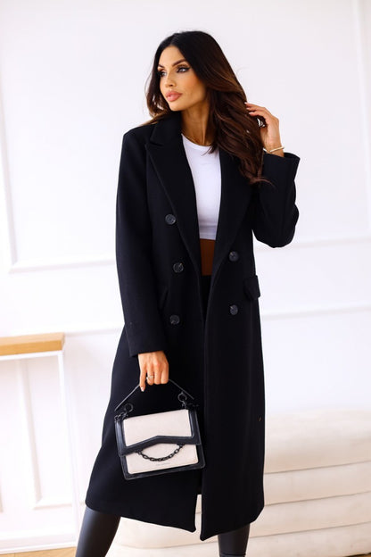 Women's Clothing Autumn and Winter Minimalist Double Breasted Solid Color Long Sleeved Lapel Button Down Woolen Coat