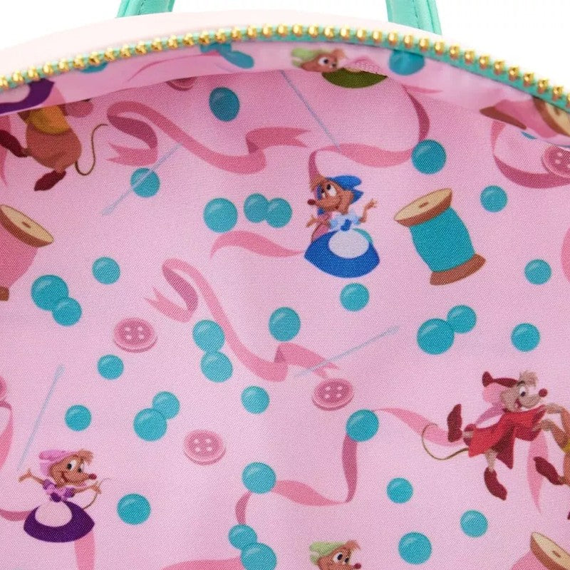 Mochila Loungefly Mini Princessa Gus e Jaq Teacup 70º Aniversário Lenticular Série Cinderela