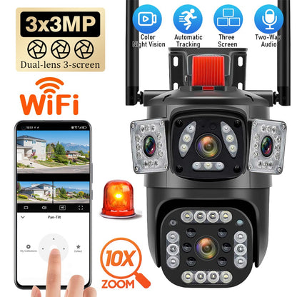 9MP 8K WiFi Camera Outdoor 10X Zoom Three Lens Dual Screen PTZ Waterproof Surveillance Security Video Street Camera