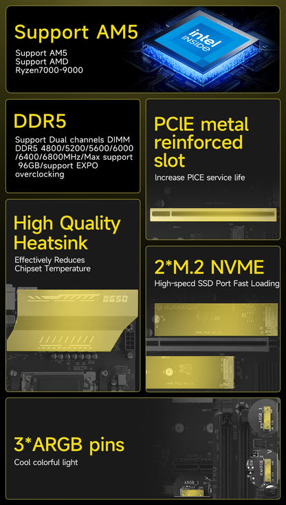 HUANANZHI B650M B PRO AMD AM5 Motherboard Support Ryzen R5 R7 7000 8000 9000 Series M.2 NVME WIFI Dual Channel DDR5 EXPO RAM