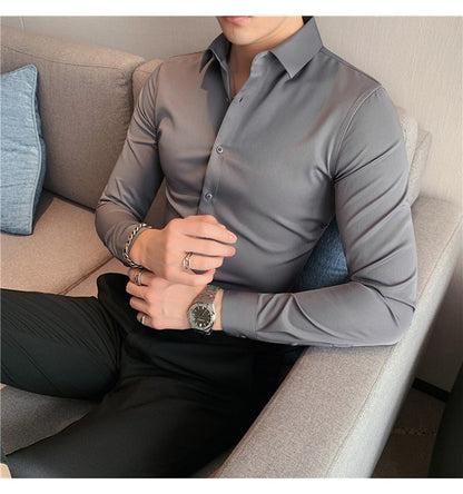 Plus Size S-7XL High Quality Men Dress Shirt 2024 Autumn Long Sleeve Solid Business Slim Shirts Homme Dress Social Casual Shirt