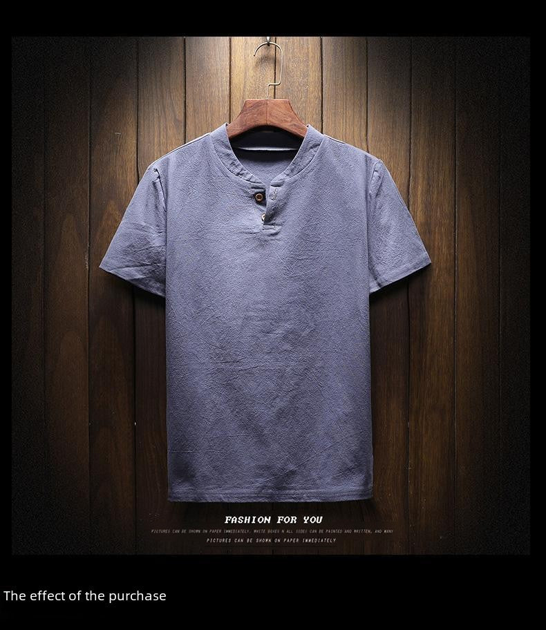 Men's Summer Loose-fit Short Sleeve Linen T-shirt Cotton Linen Body Solid Color Breathable V-neck Thin Top
