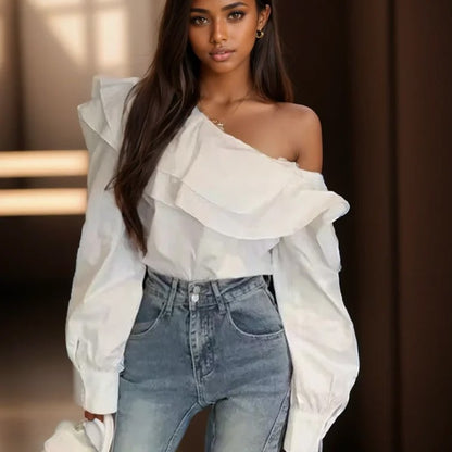 Vintage Ruffled Off Shoulder White Shirt for Women Fashion Long Sleeve Loose Elegant Blouse Women Slim Fit Casual Sexy Tops 8395