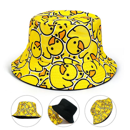 Fashionable Full-Print Duck Casual Bucket Hat, Cartoon Print Pattern Hat, Reversible Foldable Lightweight Design Flat-Top Hat, Unisex Casual Sun Hat, Suitable for Beach Vacations and Outdoor Leisure Activities