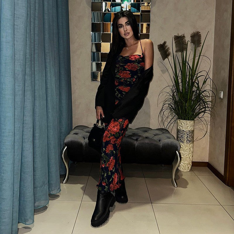 Flowers Print Spaghetti Strap Dresses Women Temperament Package Hip Bodycon Long