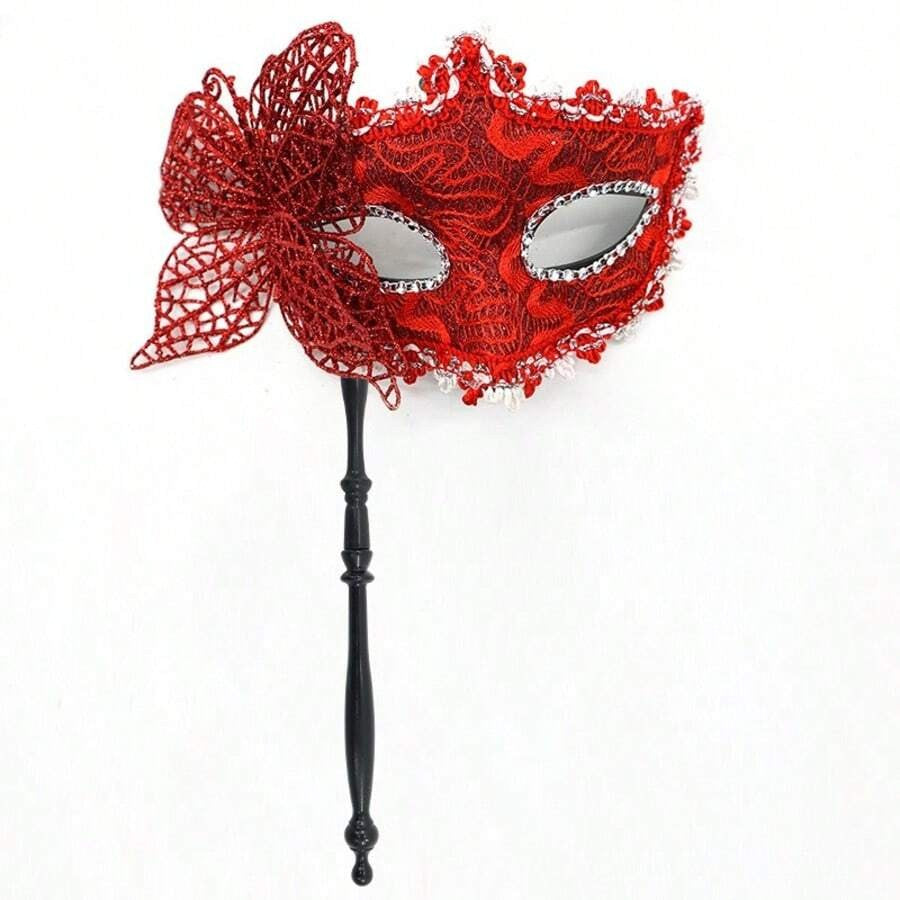 Womens Pink Lace Masquerade Mask With Handle For Party Halloween Valentine Celebration