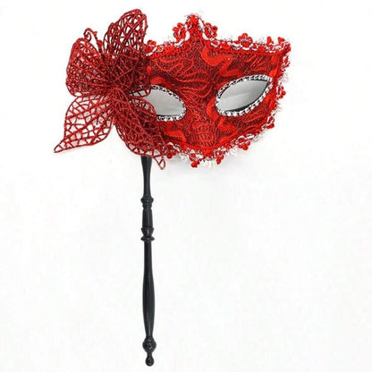 Womens Pink Lace Masquerade Mask With Handle For Party Halloween Valentine Celebration