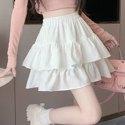 Korean Chic Y2K Sweet Girl's White Princess Mini Skirt Ballet-style Tiered Skirt Elastic High Waist Cake Skirt Shorts All-match
