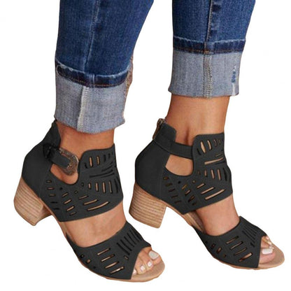 Women's Casual Boho Sandals Low Block Heel Summer Vacation Shoes Ladies Sandals with Buckles Chic Heeled Sandals for Ladies