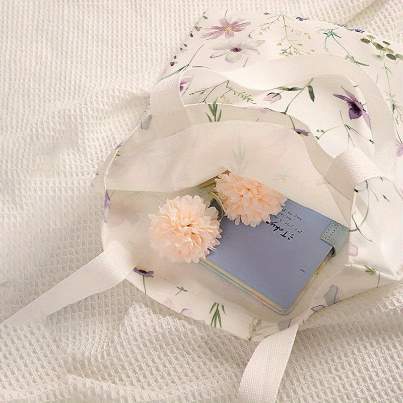 Floral Letter Pattern Printed Tote Bag Fashionable Reusable Shoulder Bag Polyester Handbag Lightweight Casual Shopper Bag