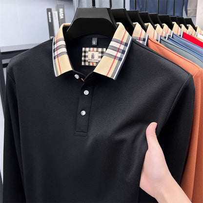 Luxury brand long sleeve polo shirt men comfortable casual autumn item silk cotton high-end Korean fashion plaid lapel T-shirt