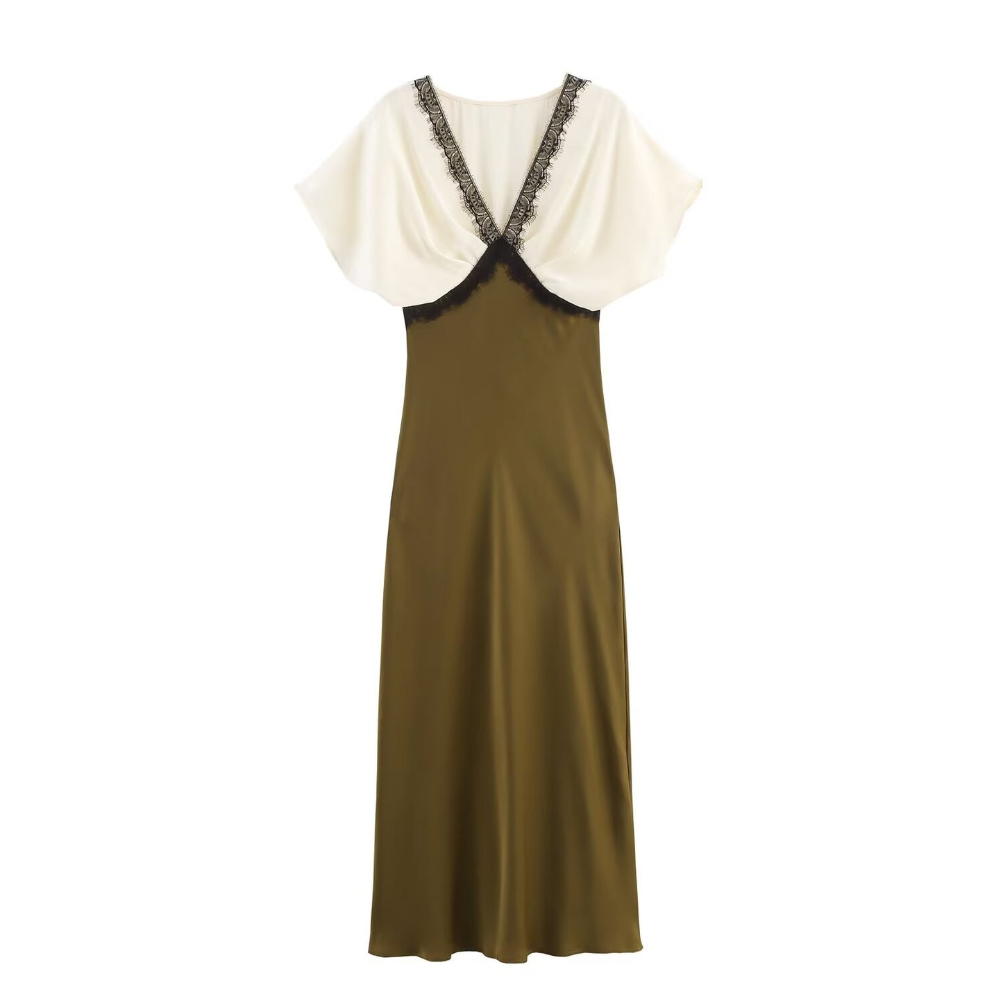 BSAY lace splice Satin dress 2025 autumn new side zip chic female French elegant long dress sexy V-neck banquet evening mujer