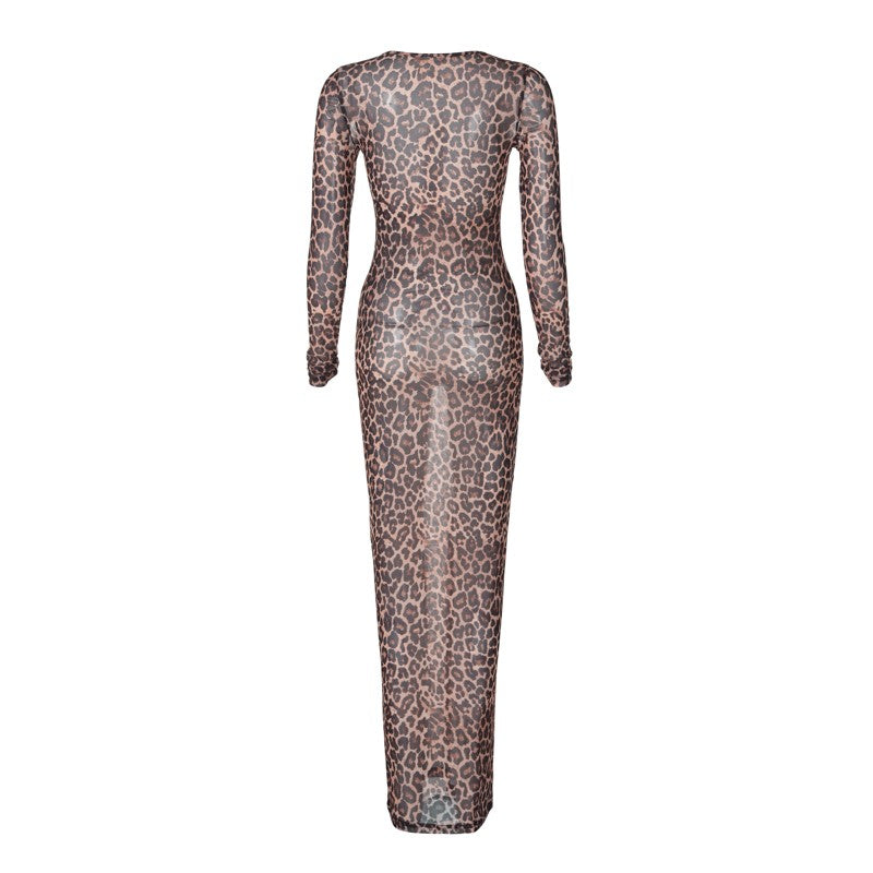 Hugcitar Leopard Print Mesh Long Sleeve Sexy Slim  See Through Maxi Dress Fall W