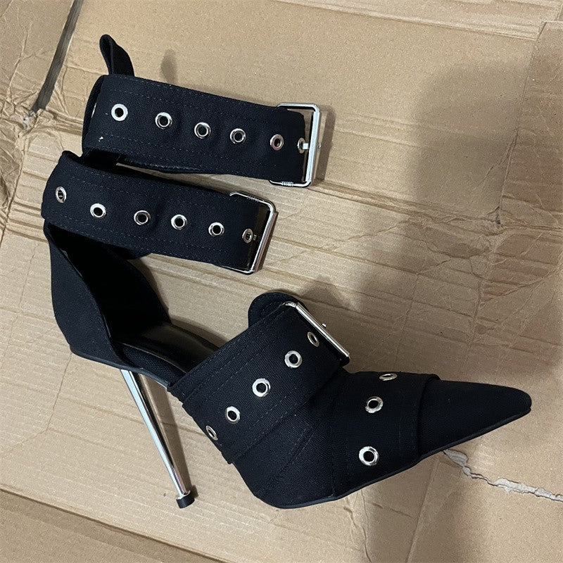 Denim Metal Rivet Buckle Silver Sandals Women's Sexy Punk Style Pointed Metal Hollow 12cm High Heels Size 34-43 Womens Shoes