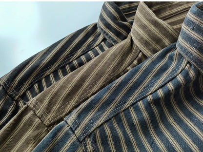 2025 Spring and Autumn New American Retro Woven Striped Cargo Shirt Men's Simple 100% Cotton Washed Double Pockets Thin Jacket