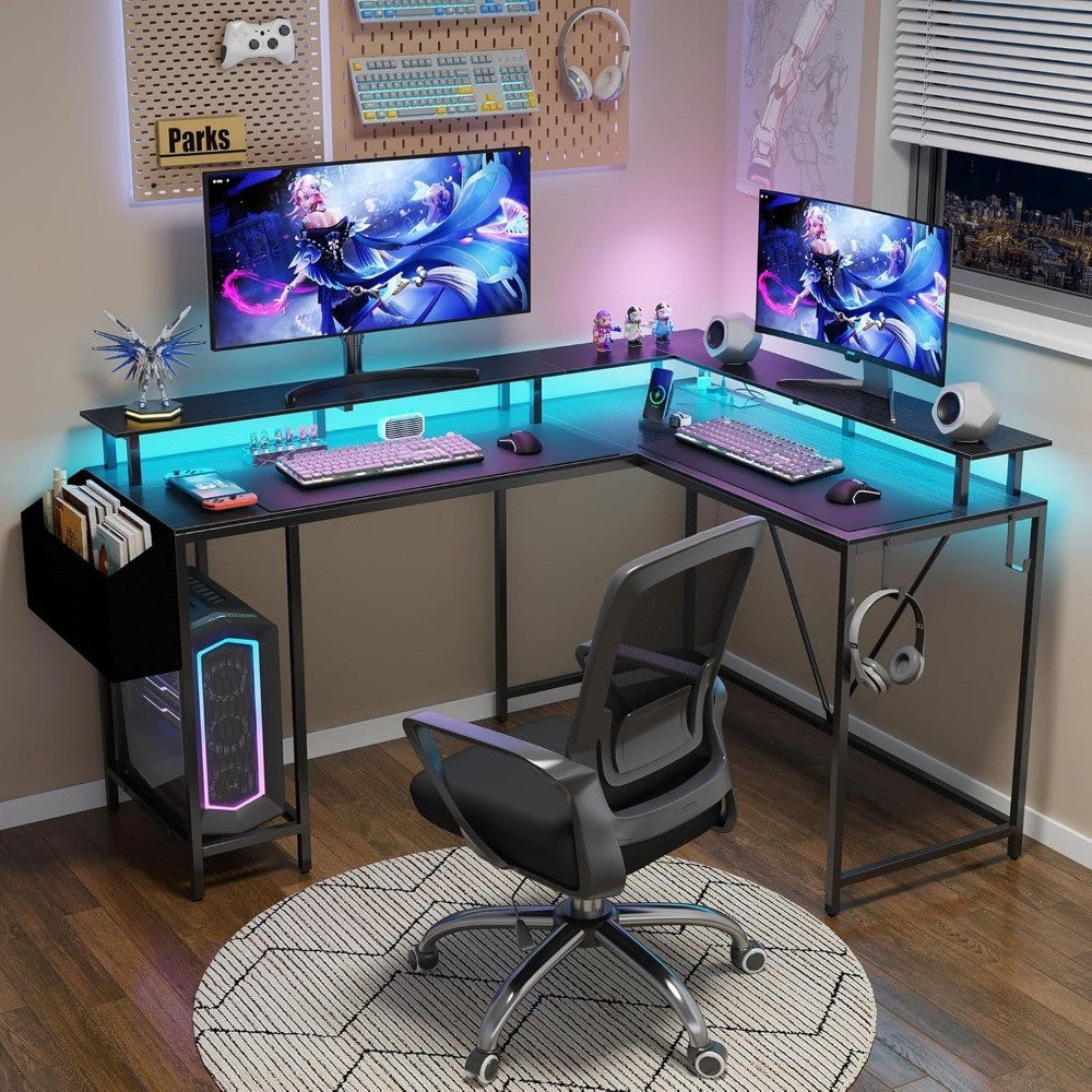 53inch L Shaped Desk,L Shaped Gaming Desk with Power Outlets & LED Lights, Computer Desk with Monitor Stand & Storage Bag, Home